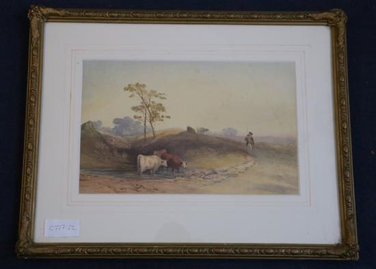 19th century English School, watercolour, Herdsmen with cattle watering in a Scottish landscape, 21 x 33cm